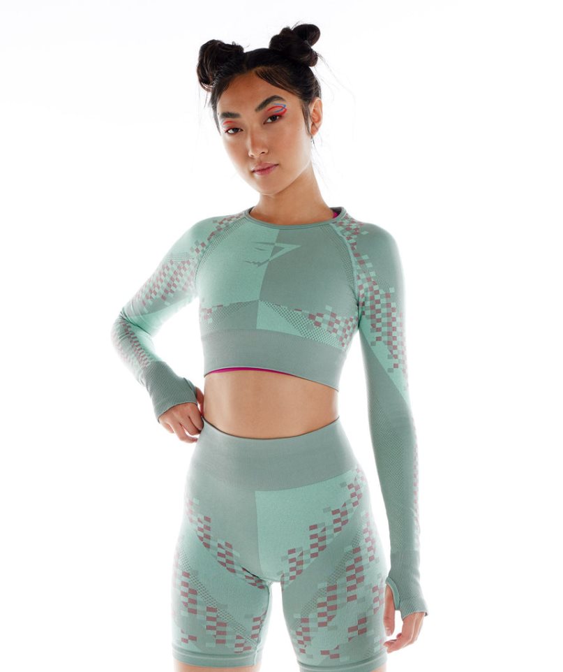 Women\'s Gymshark Wtflex Cyborg Seamless Long Sleeve Cropped Tops Green | CA 18DN7A